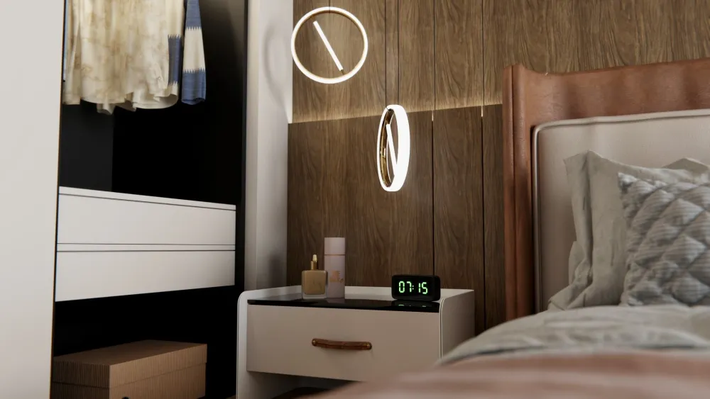 Chambre moderne avec mur en panneaux de bois foncé et tête de lit cuir