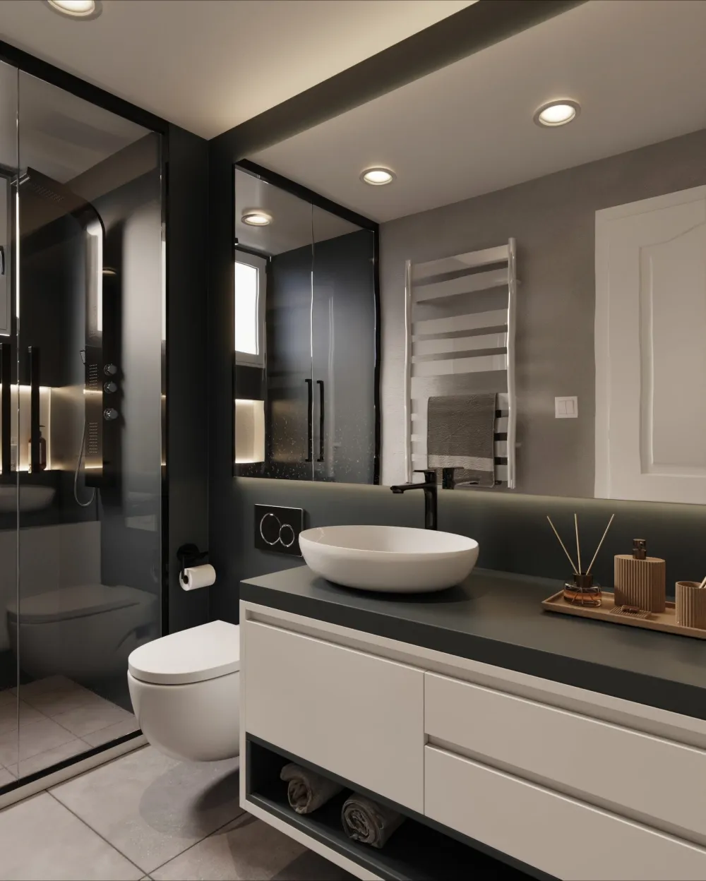 Salle de bain moderne avec paroi de douche fumée, meuble vasque blanc et habillage sombre bleu charbon